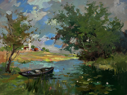 Oil painting of dark rowboat on calm lily pad river near village by Yuriy Suprunchuk