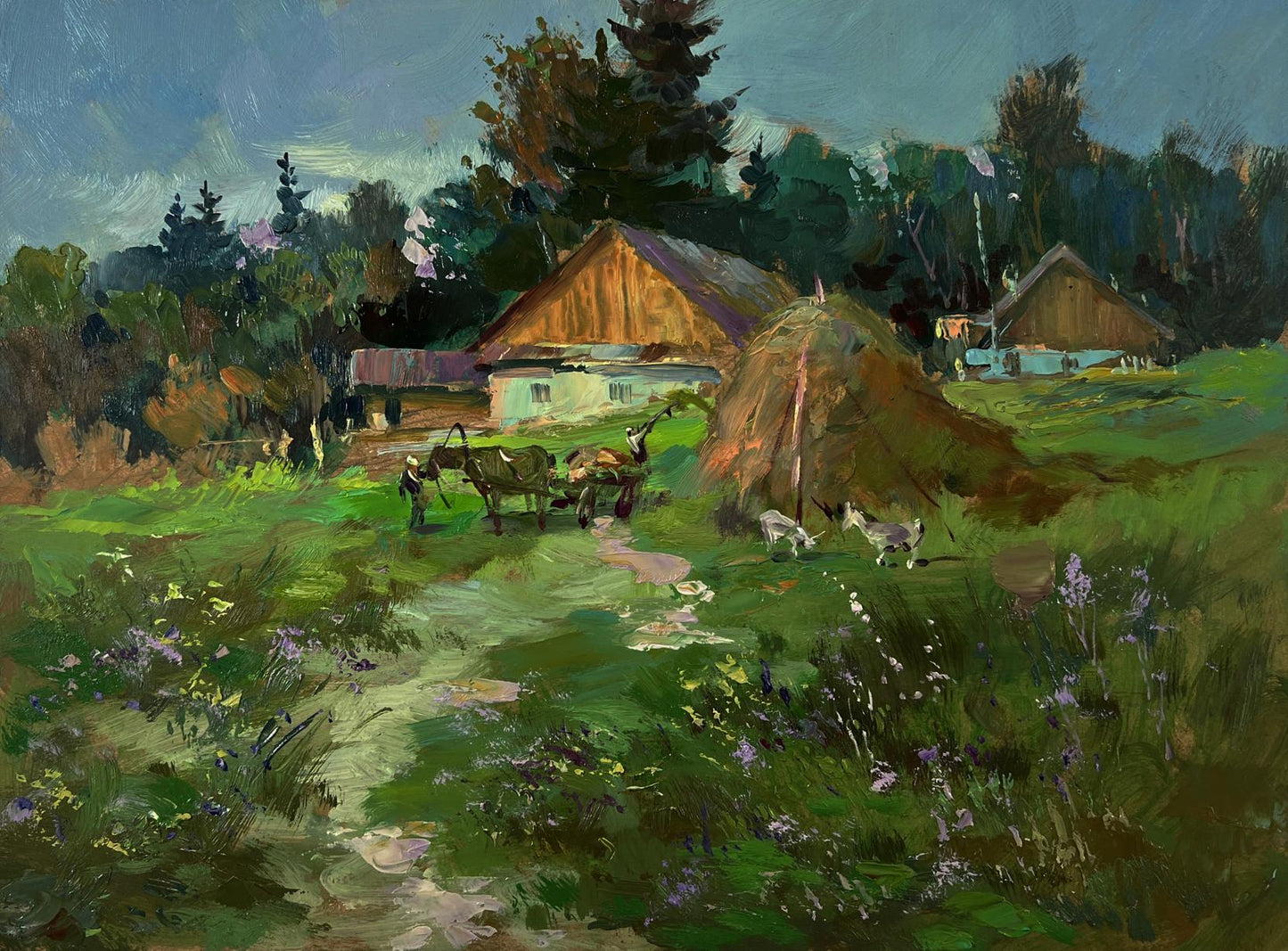 Rustic wooden farmhouse oil painting by Yuriy Suprunchuk in green fields