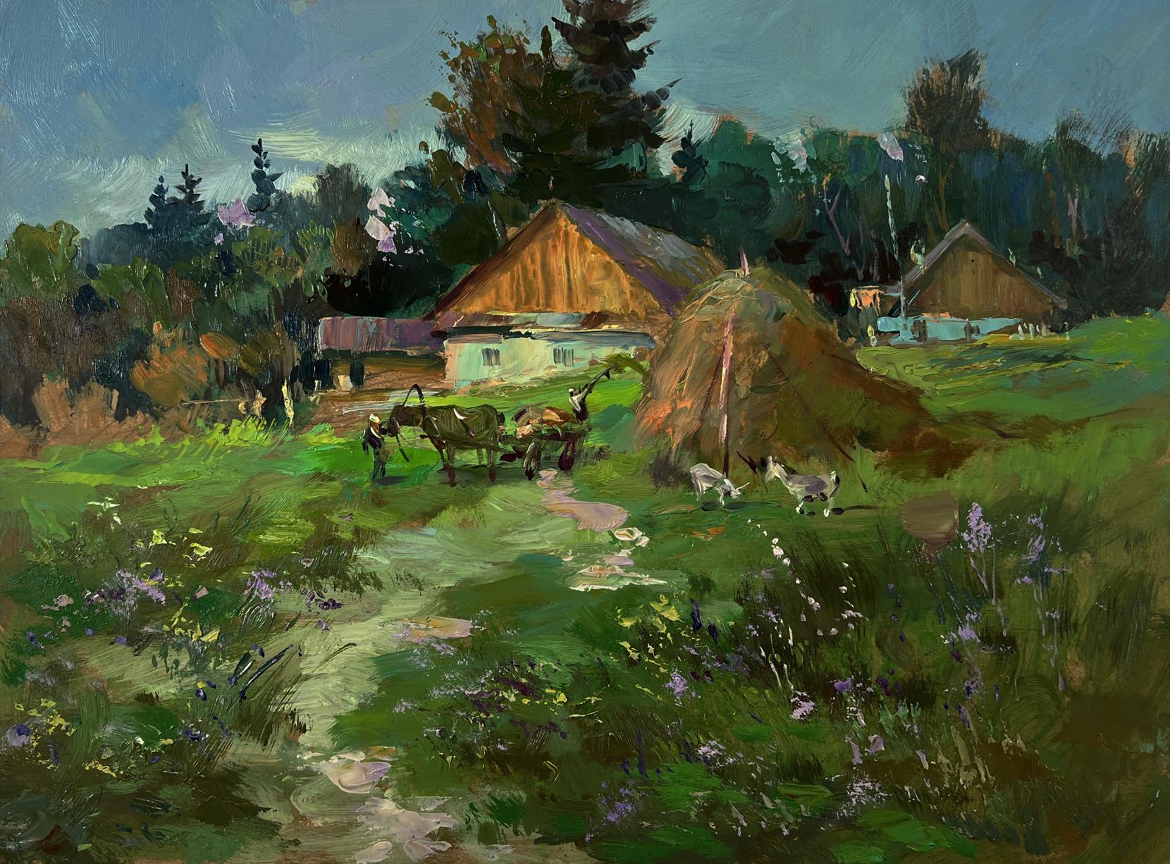 Rustic wooden farmhouse oil painting by Yuriy Suprunchuk in green fields