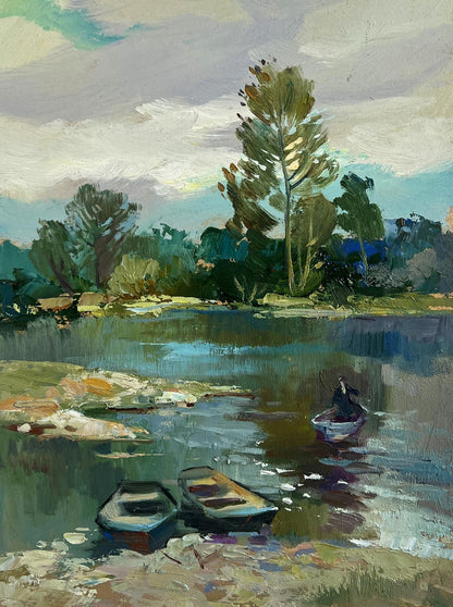 Serene impressionistic oil painting of boats on reflective lake by Yuriy Suprunchuk