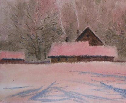 Watercolor painting of rustic snowy wooden house by Valery Savenets