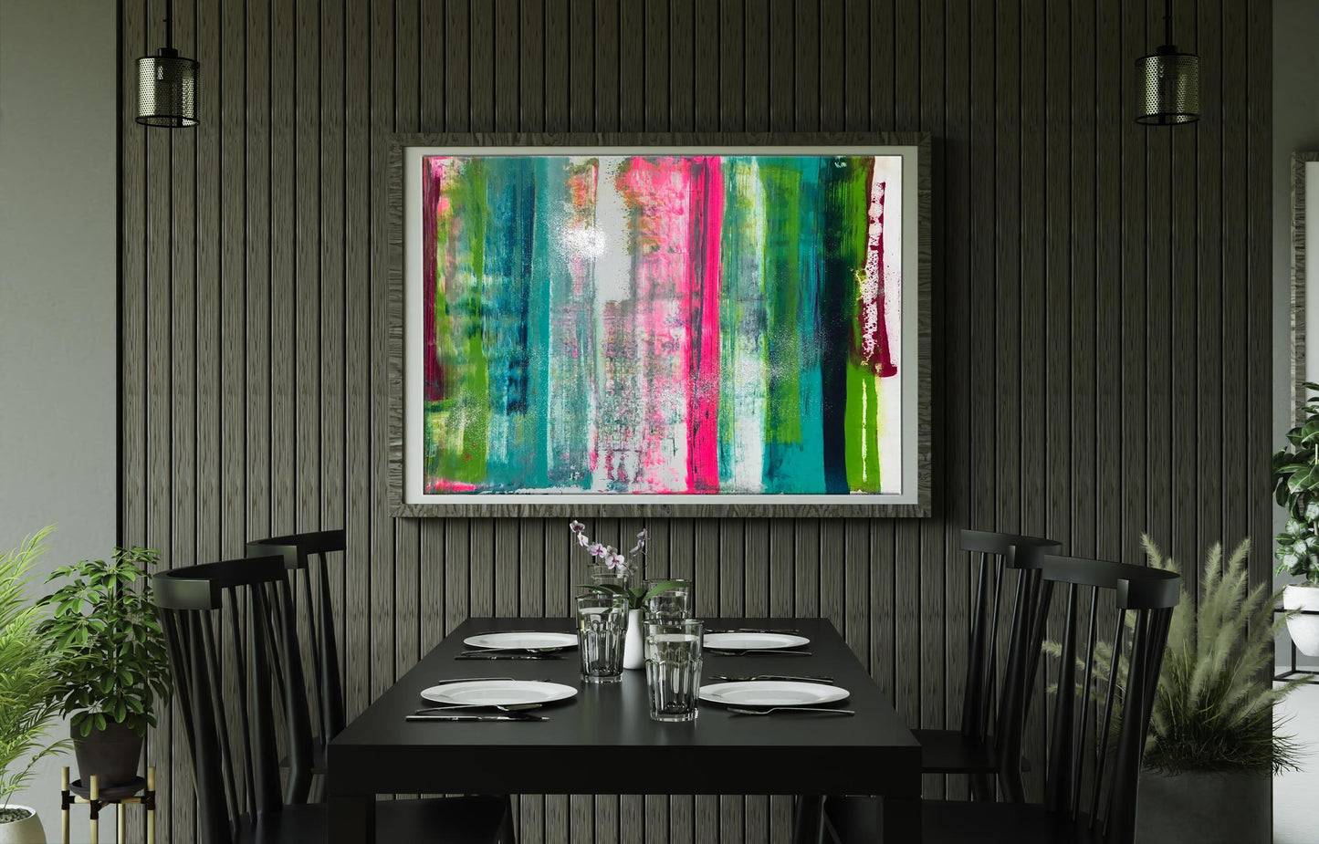 Vibrant Flow by Olga Melezhik acrylic painting above dining table