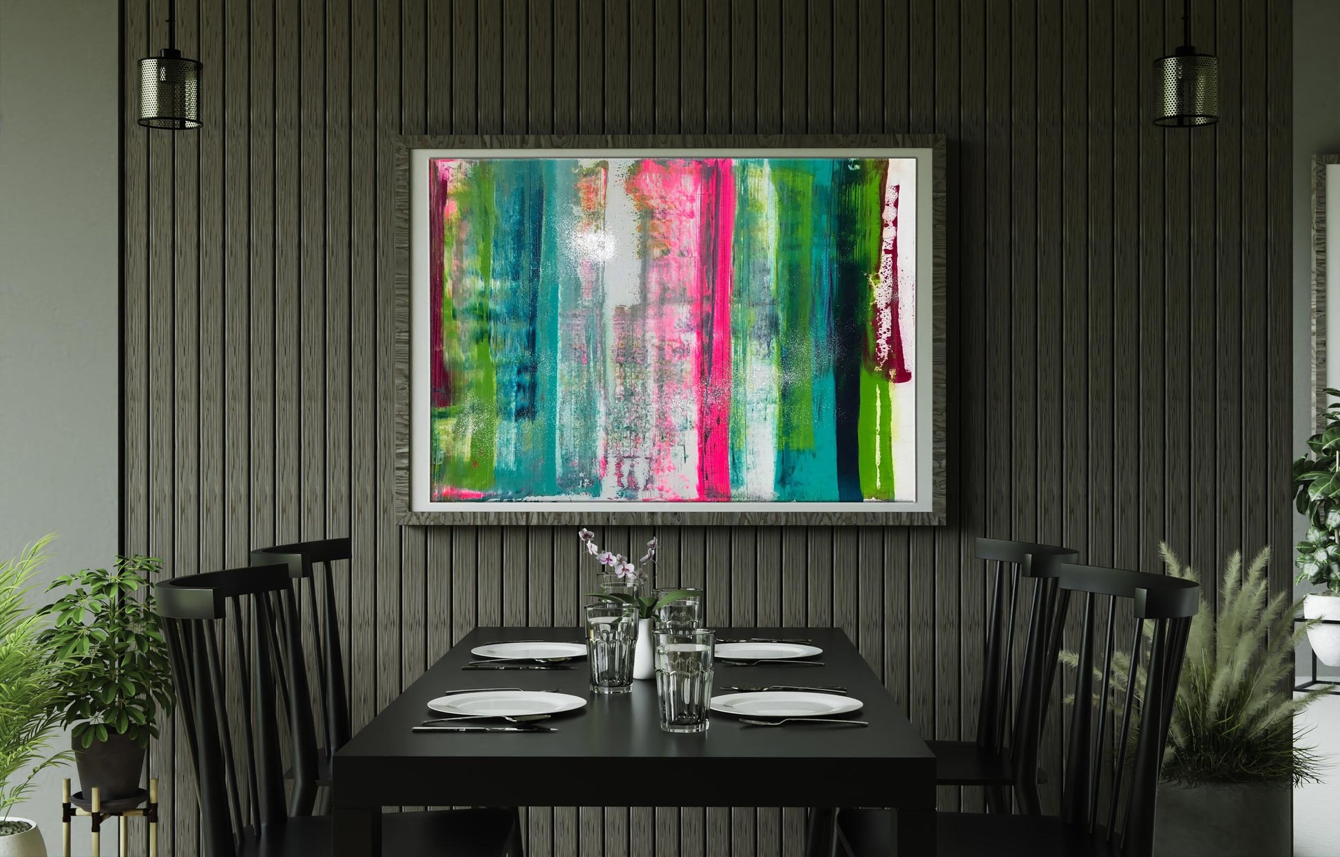 Vibrant Flow by Olga Melezhik acrylic painting above dining table