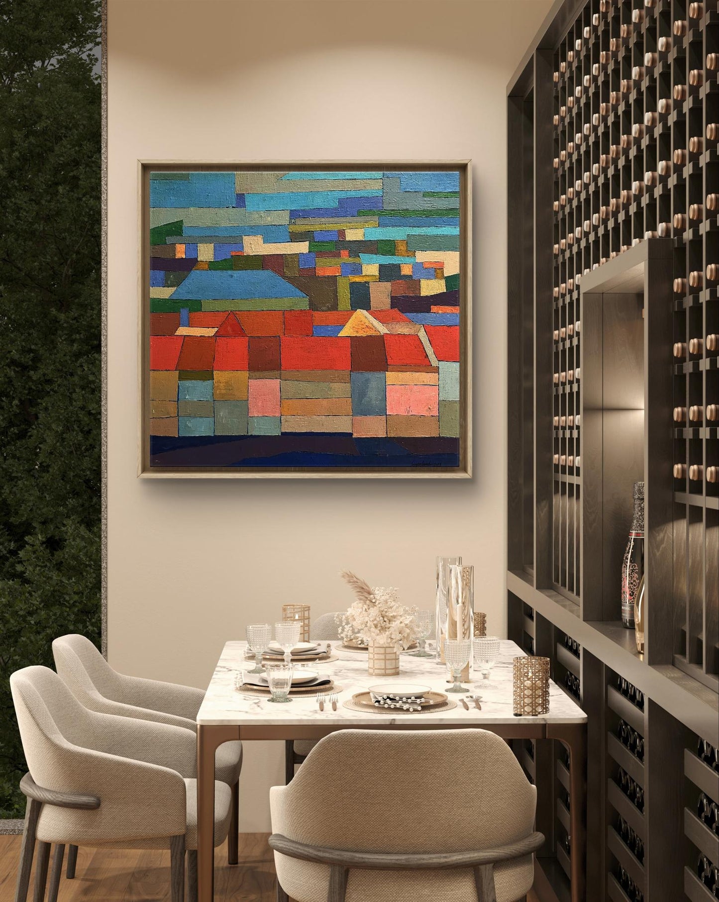 Oil painting City Hall by Serhiy Kovalev with vibrant geometric shapes above dining table