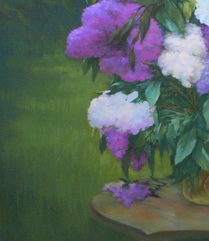Oil painting of vibrant purple and white lilacs by Vasily Korkishko