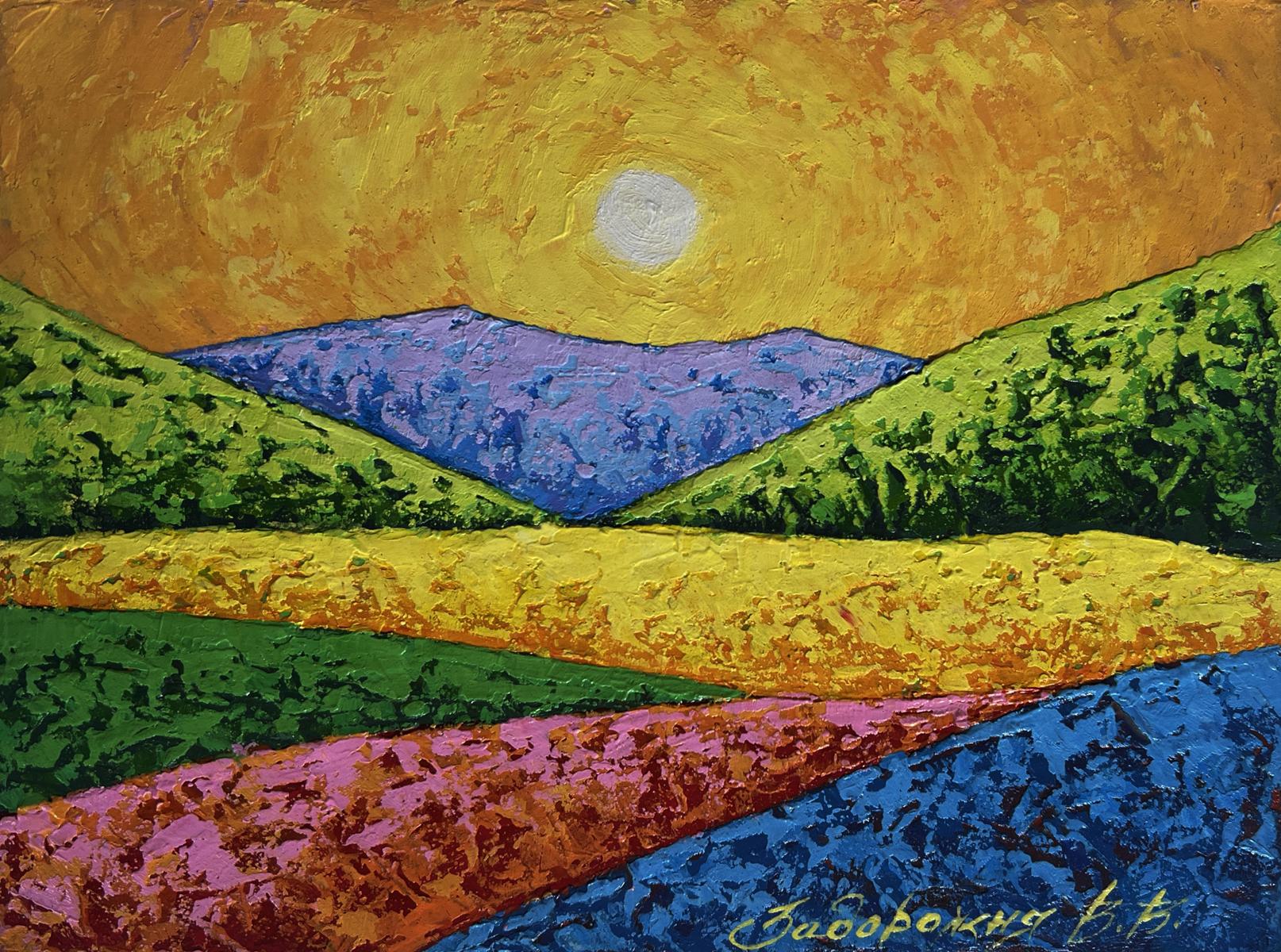 Vibrant abstract oil painting The sky in the lights of the evening sun by V. Zadorozhnya