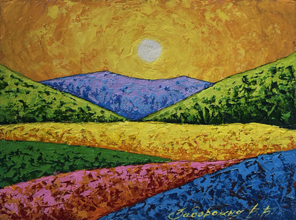 Vibrant abstract oil painting The sky in the lights of the evening sun by V. Zadorozhnya