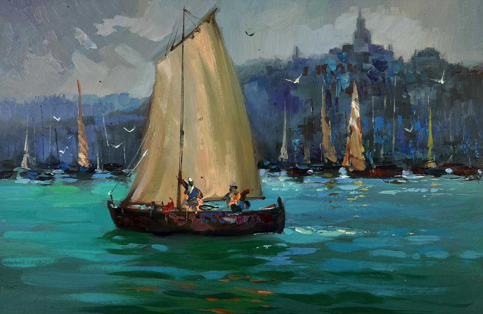 Oil painting of fishermen greeting dawn at sea on sailboat by Yuriy Suprunchuk