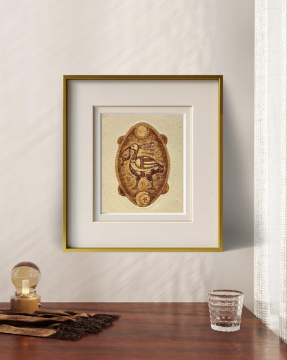 Framed golden-brown bird artwork by Oleksandr Zhmailo on cream background