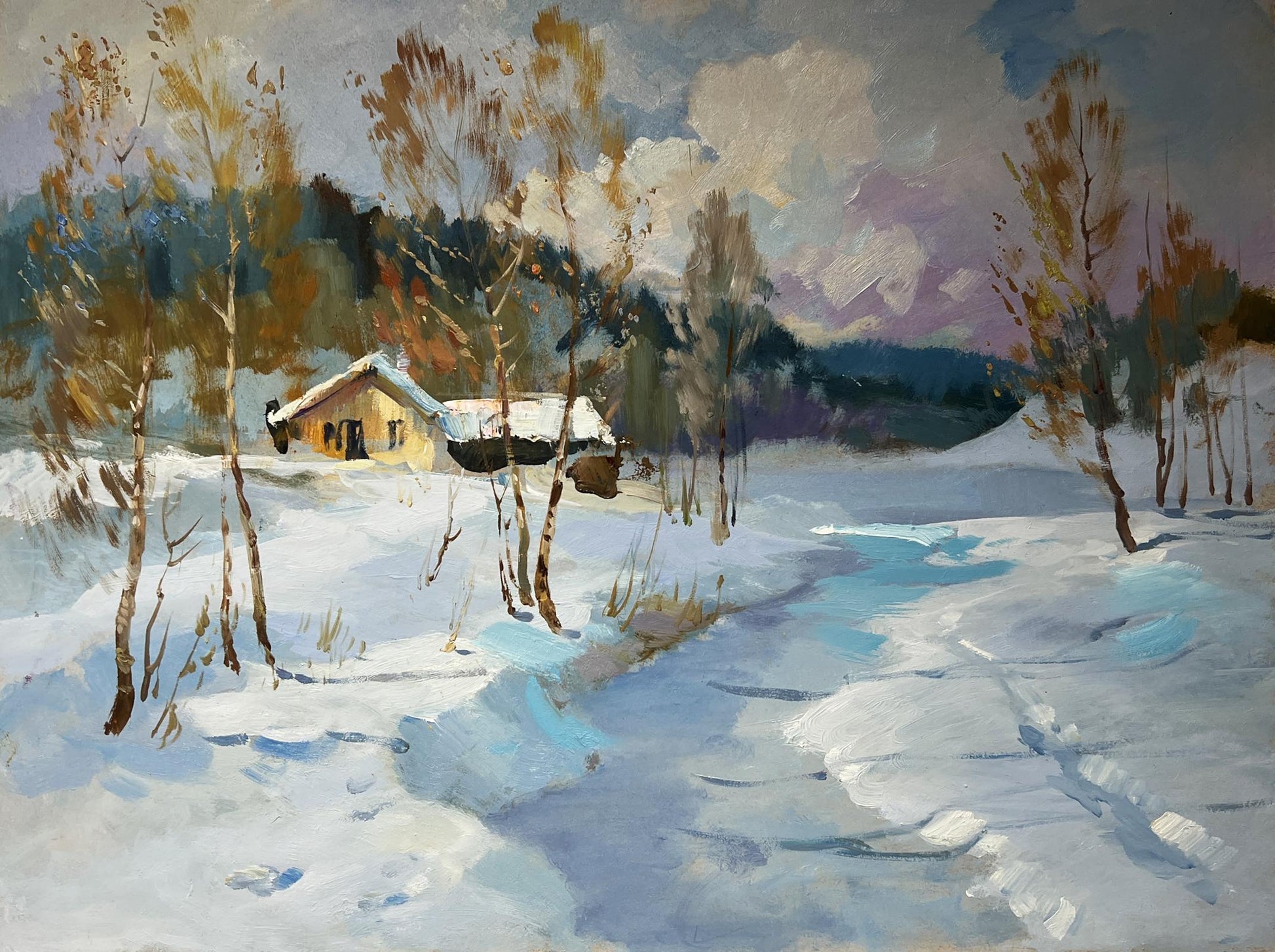 Cozy yellow house in snowy forest by Yuriy Suprunchuk oil painting