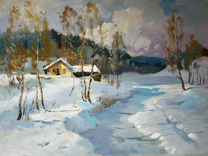 Cozy yellow house in snowy forest by Yuriy Suprunchuk oil painting