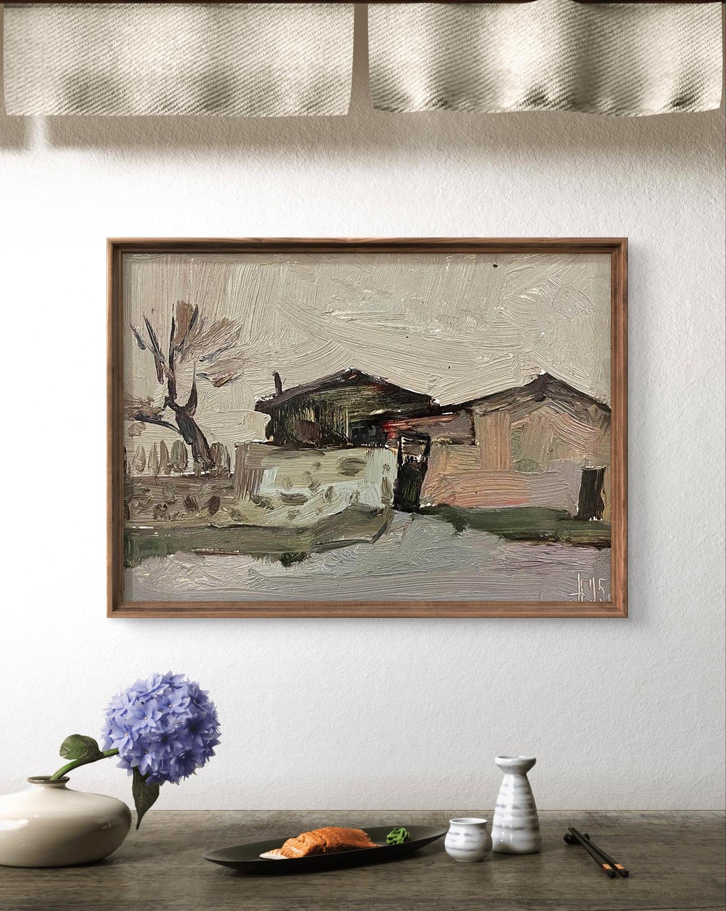 Framed oil painting City pier by Oleksandr Andreev in earth tones