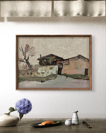 Framed oil painting City pier by Oleksandr Andreev in earth tones
