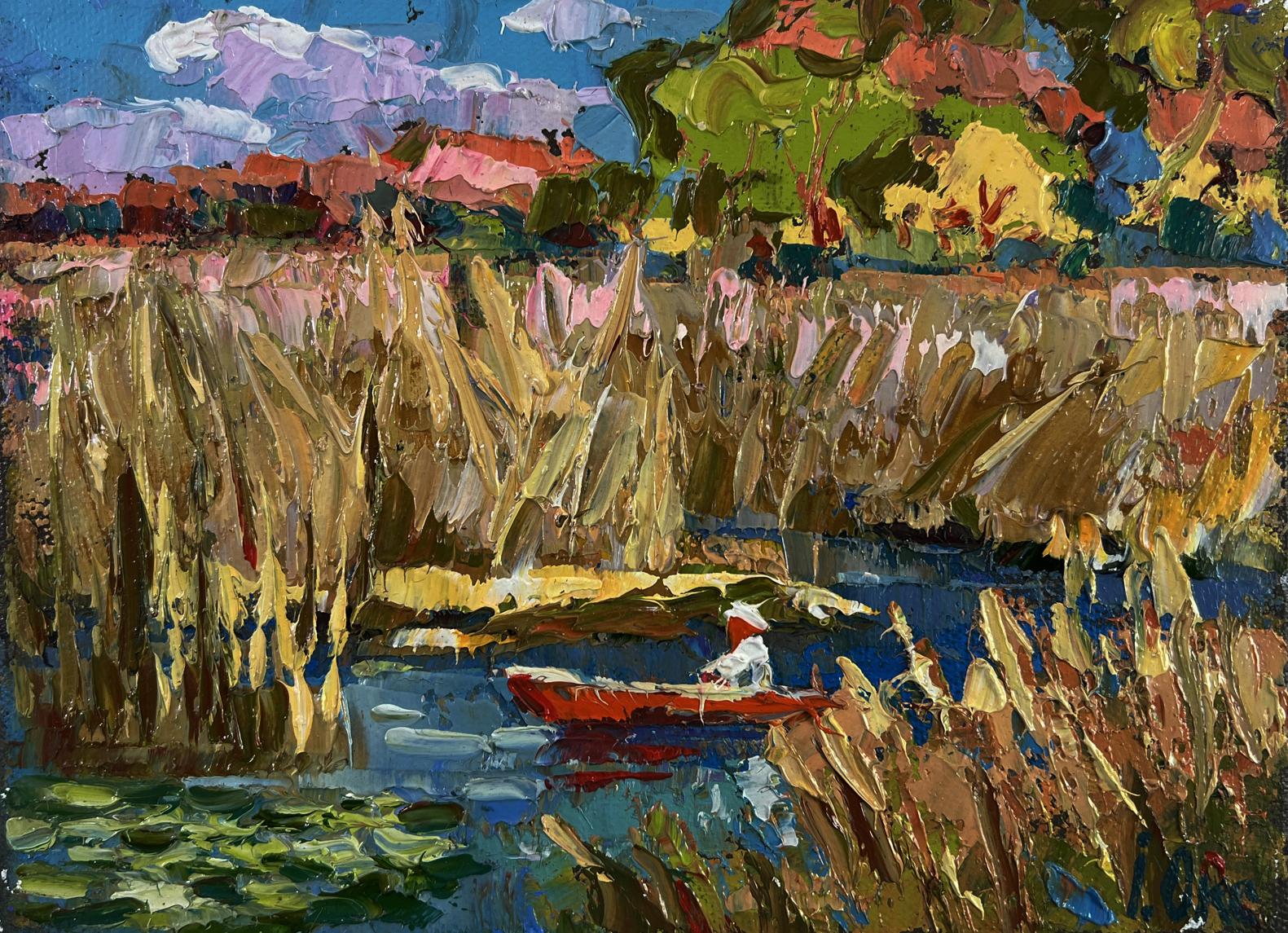 Oil painting Silence of the Water by Oksana Ivanyuk: red rowboat in reeds