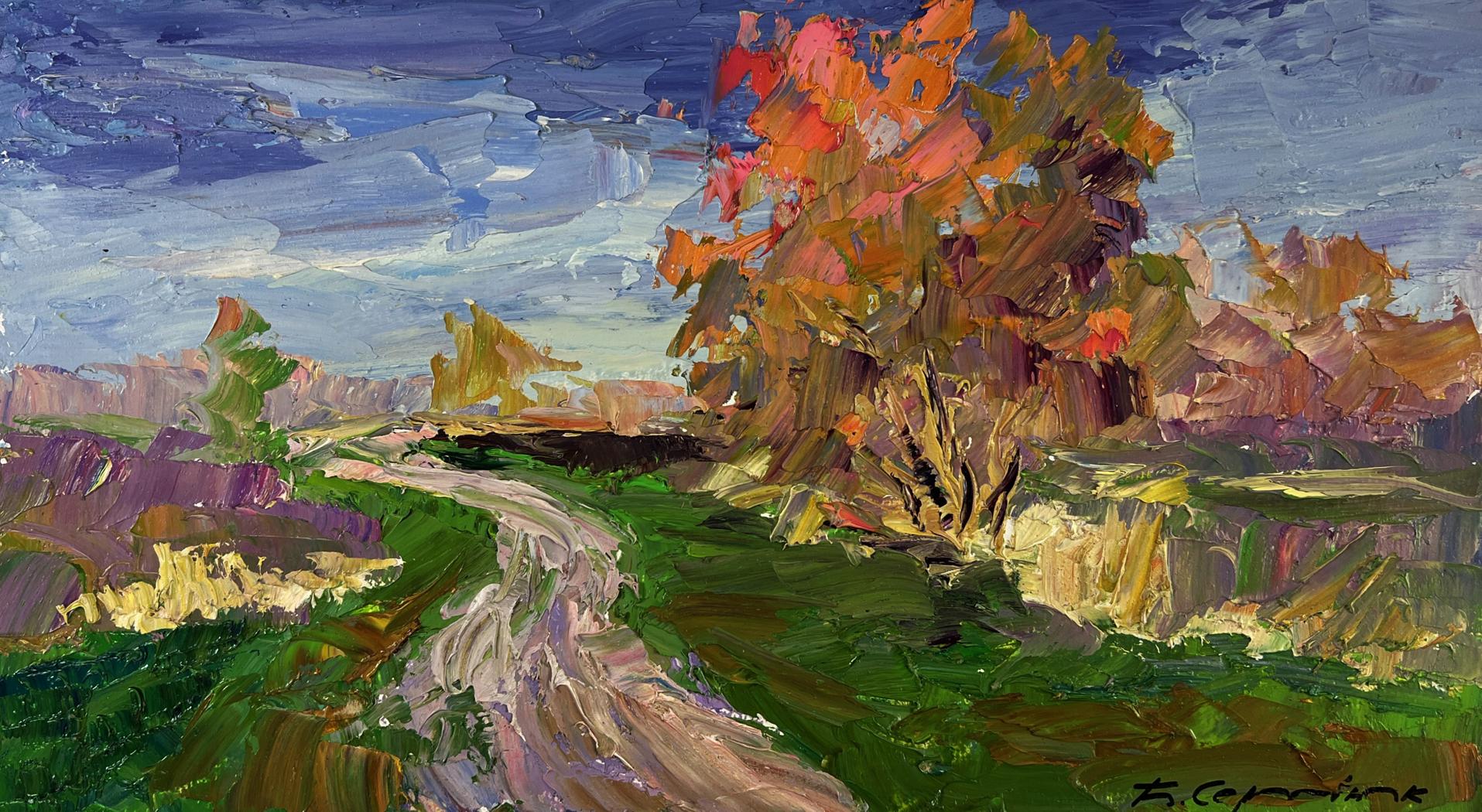 Vibrant autumn tree by Boris Serdyuk in oil painting Autumn reflected on river