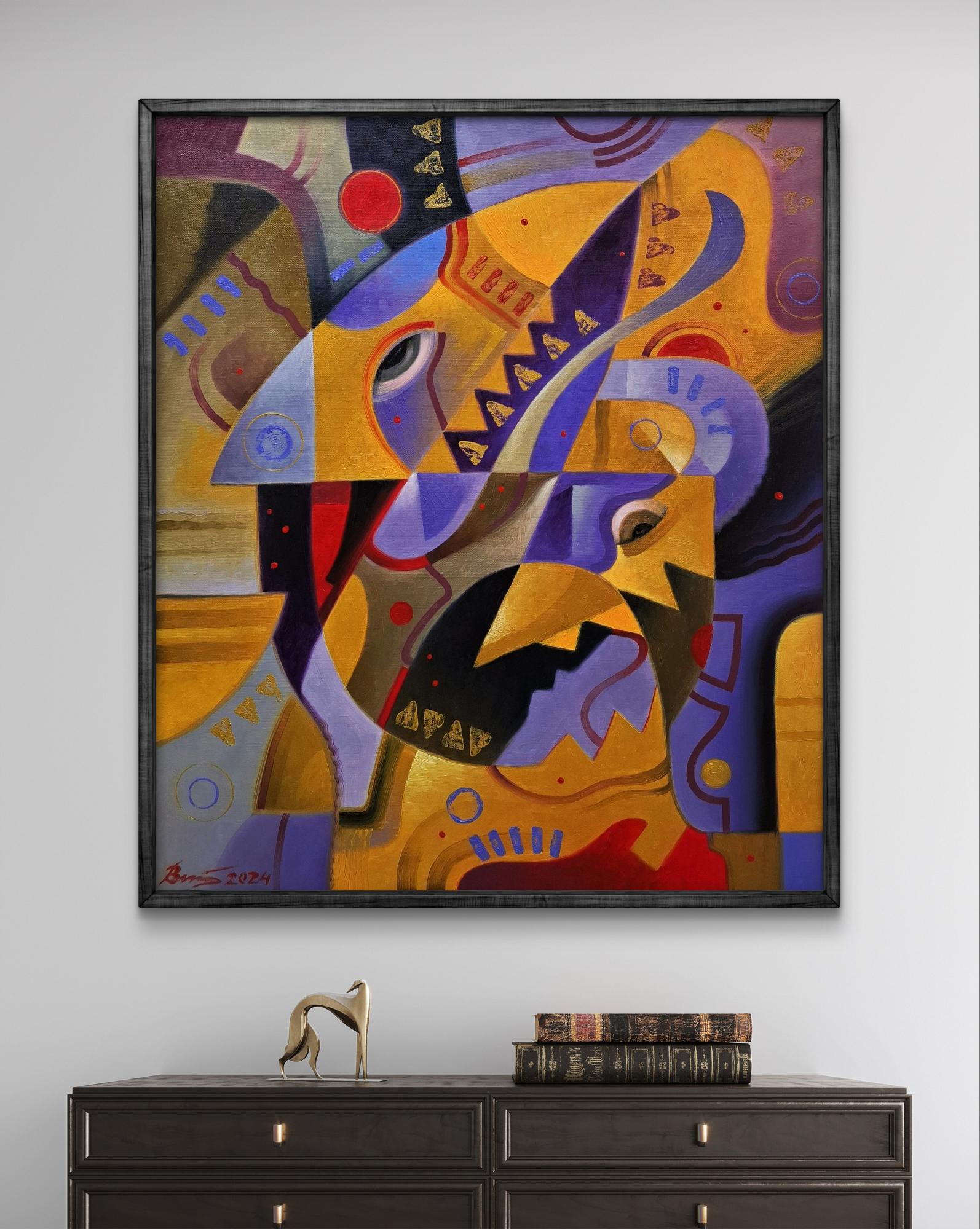 Vibrant Drakkar oil painting by Sergiy Voichenko in black frame