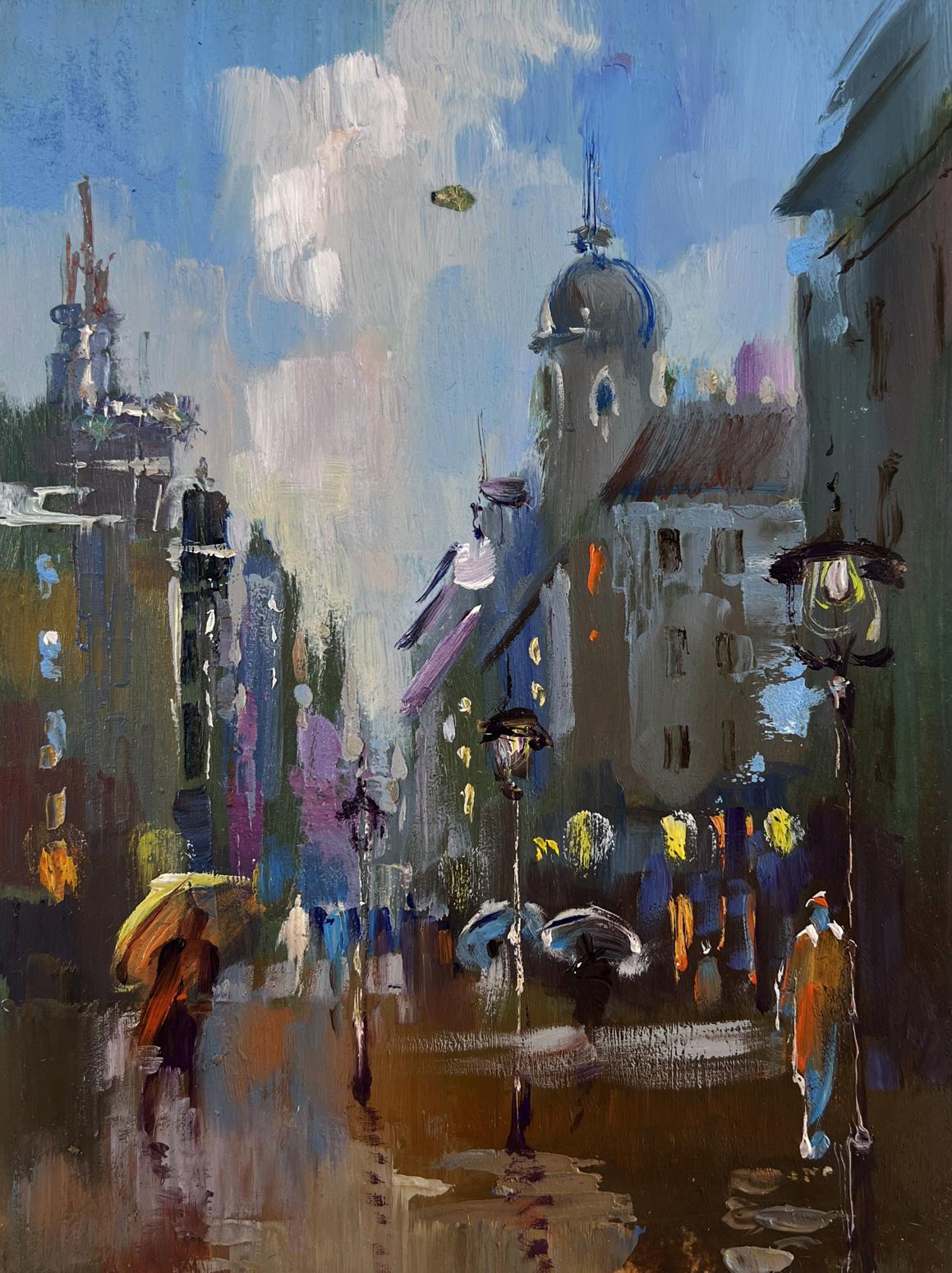 Vibrant impressionist oil painting of rainy city street by Yuriy Suprunchuk