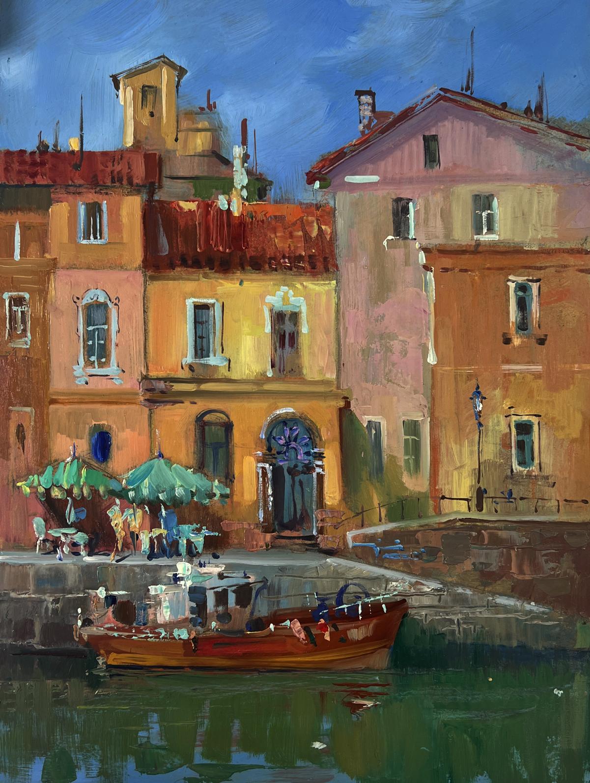 Vibrant oil painting by Yuriy Suprunchuk: canal with colorful buildings, red boat