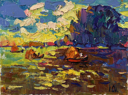 Vibrant Evening on the River oil painting by Oleksiy Ivanyuk with boats