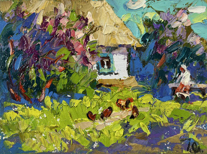 Vibrant impressionist oil painting When Gardens Bloom by Oleksiy Ivanyuk, rustic cottage and chickens