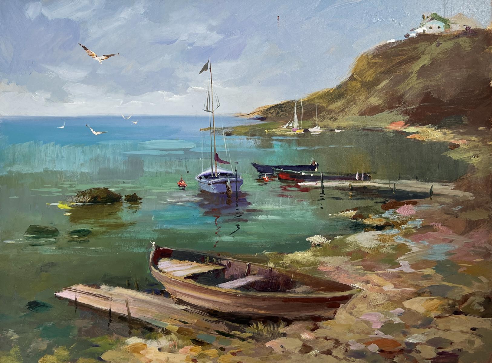 Oil painting of weathered rowboat on rocky shore in Harbor at foot of hills by Yuriy Suprunchuk