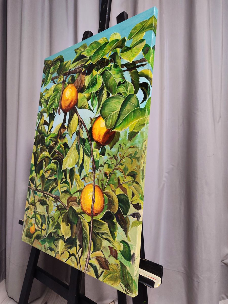 Oil painting of Japanese pear tree by Oksana Sklym on easel