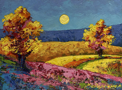 V. Zadorozhnya oil painting of two autumn trees under glowing moon