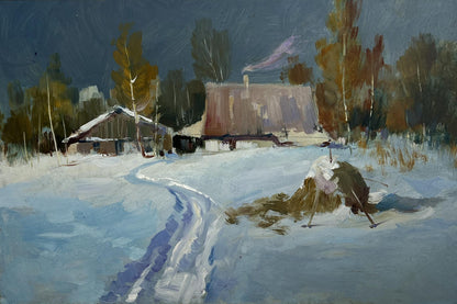 Oil painting of snow-covered rustic thatched houses by Yuriy Suprunchuk