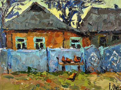 Oil painting Quiet Village Days by Oksana Ivanyuk: orange house teal windows gray roof blue fence