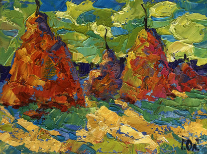 Vibrant oil painting of pears by Oleksiy Ivanyuk in reds oranges greens blues