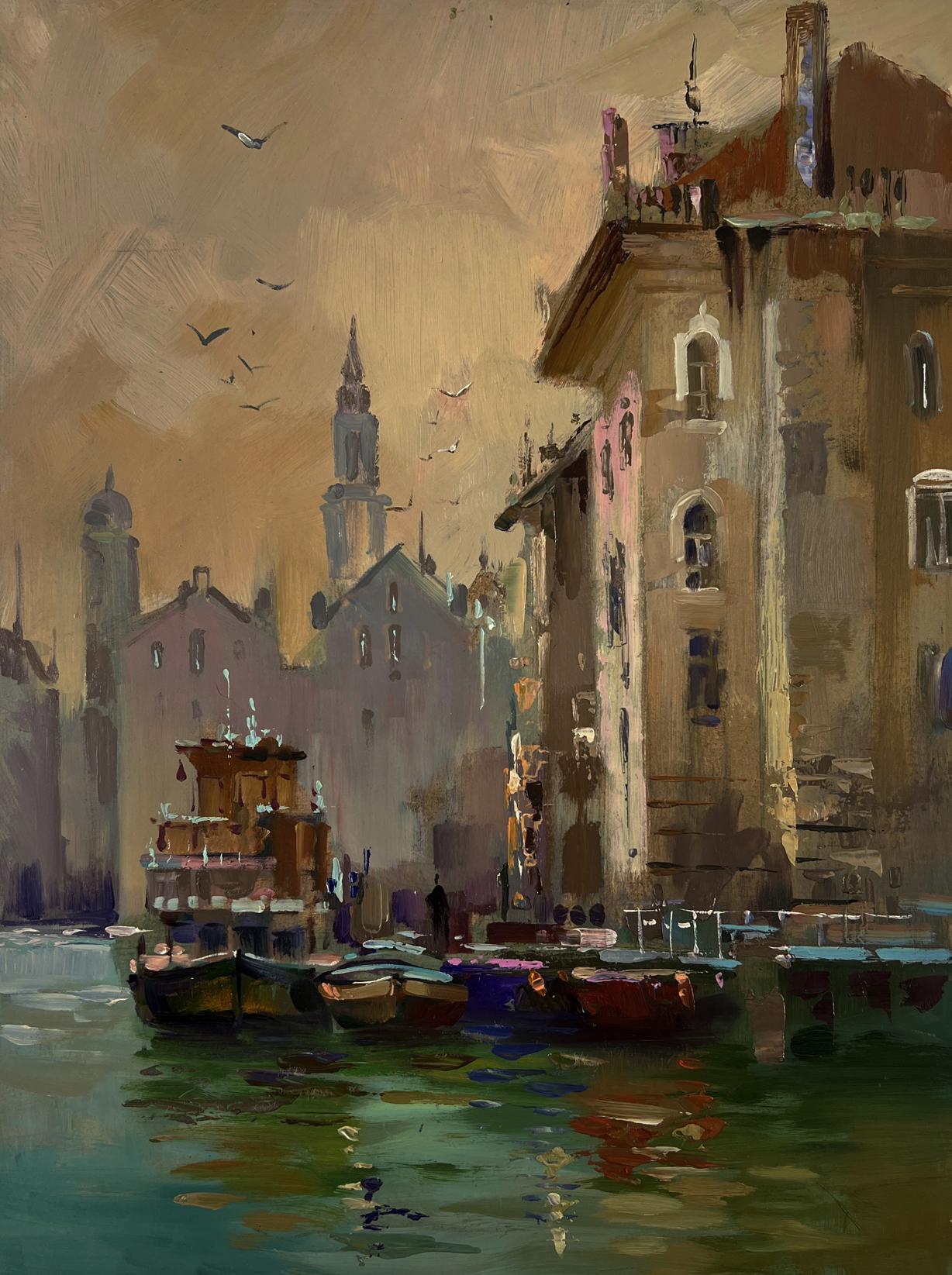 Warm-toned impressionist oil painting of canal with sailboats by Yuriy Suprunchuk