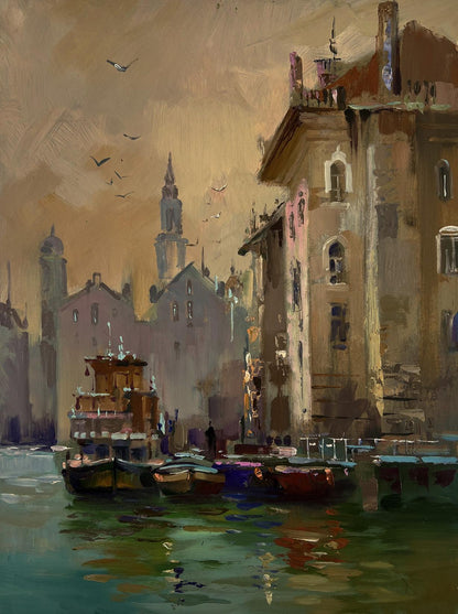 Warm-toned impressionist oil painting of canal with sailboats by Yuriy Suprunchuk