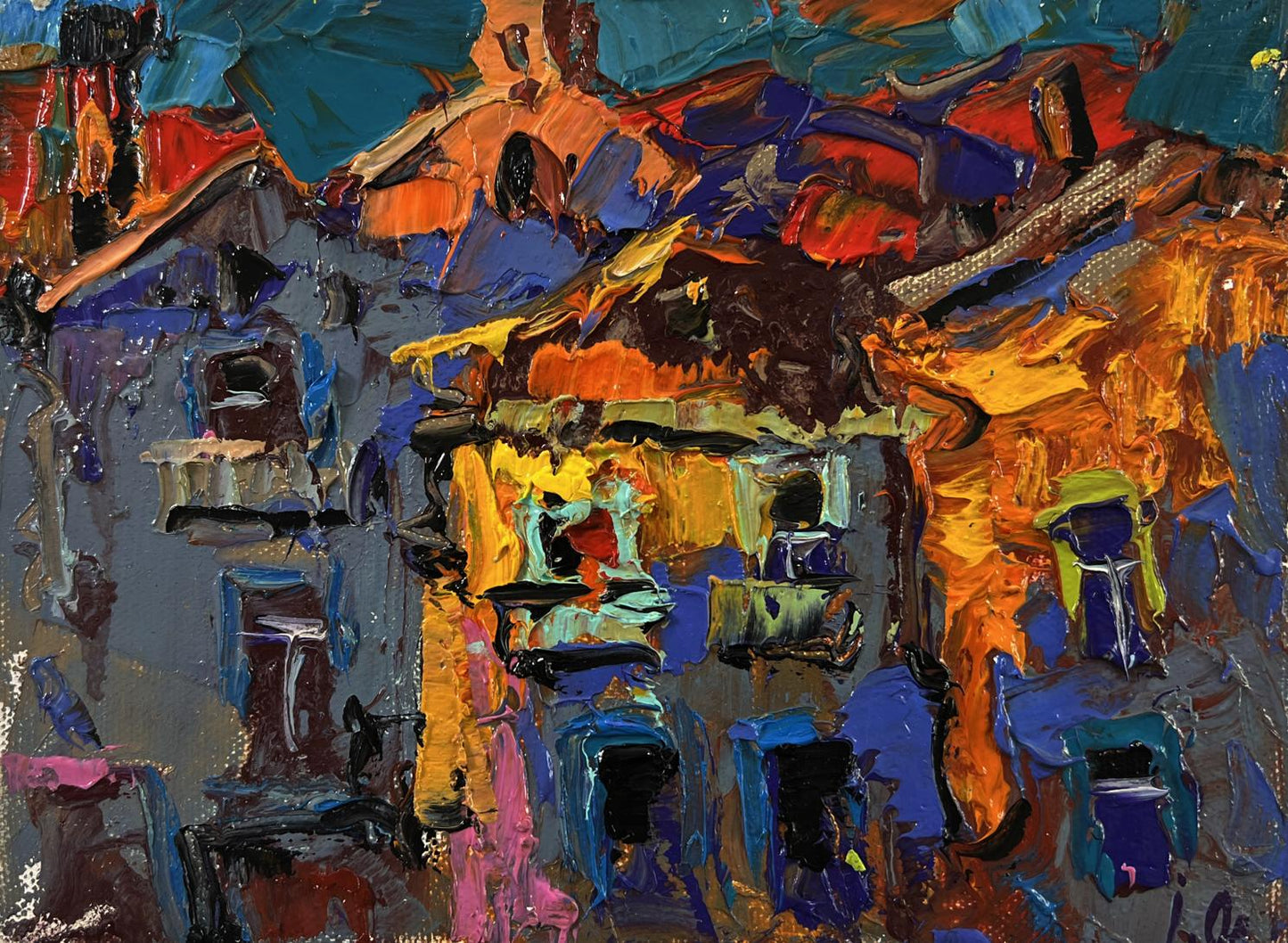 Vibrant Oleksiy Ivanyuk oil painting of city night lights in bold impasto strokes