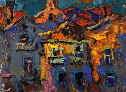 Vibrant Oleksiy Ivanyuk oil painting of city night lights in bold impasto strokes