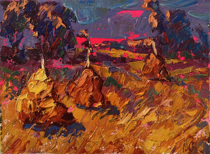 Vibrant Oleksiy Ivanyuk oil painting Sunset over the field in impressionist style