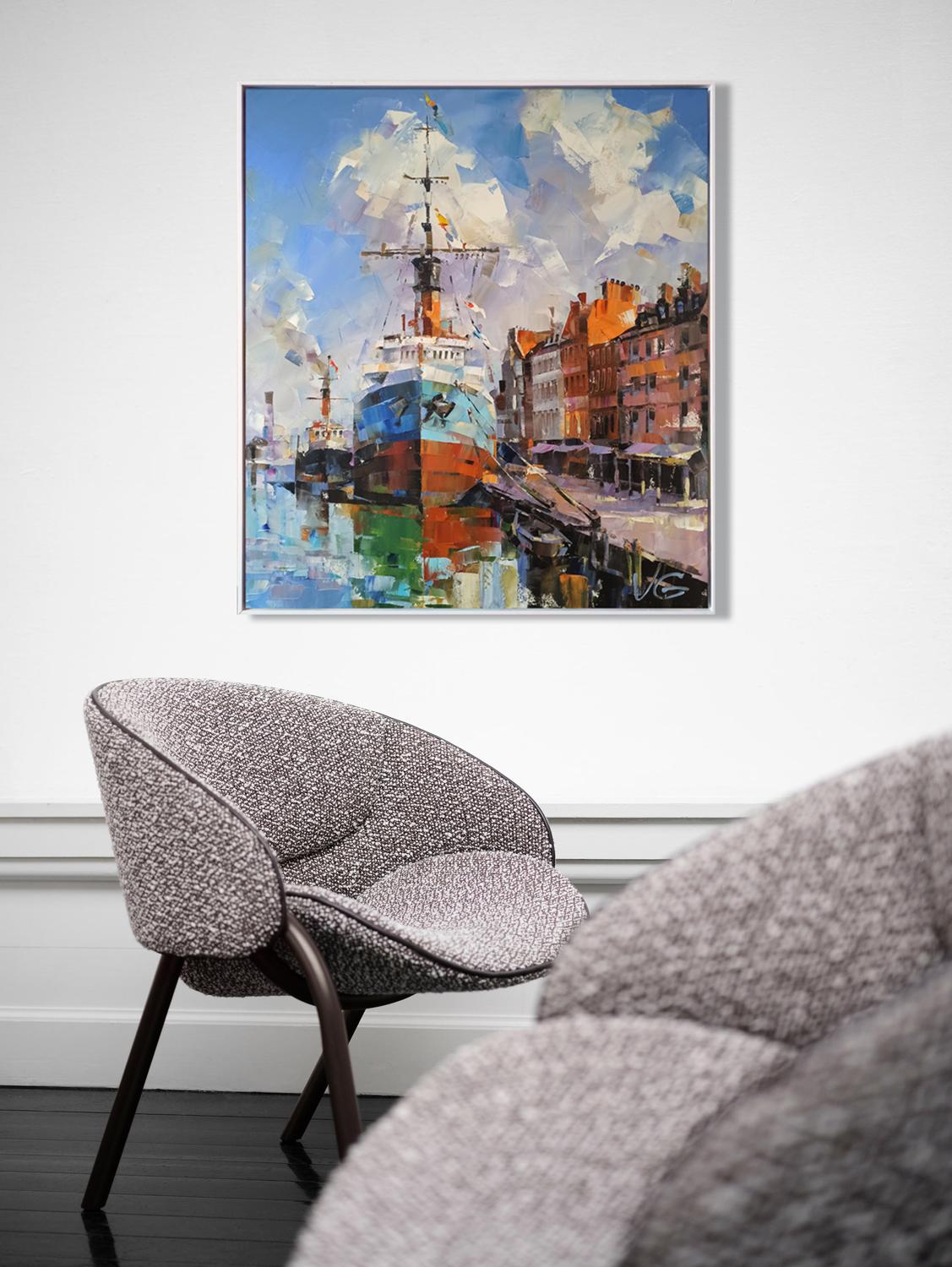 Gray textured fabric armchair with dark wooden legs in Oil painting Second bank Volodymyr Gluhomanyuk
