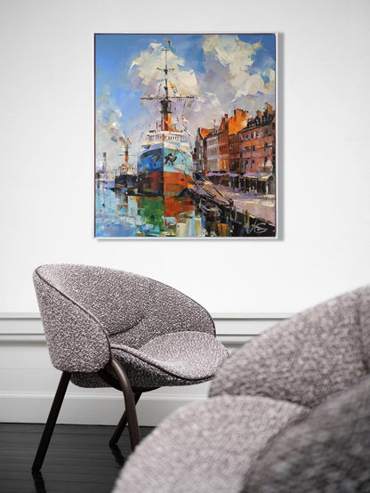 Gray textured fabric armchair with dark wooden legs in Oil painting Second bank Volodymyr Gluhomanyuk