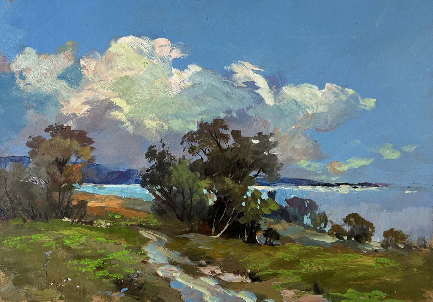 Vibrant impressionistic oil painting by Yuriy Suprunchuk: lush green fields, path, dramatic clouds