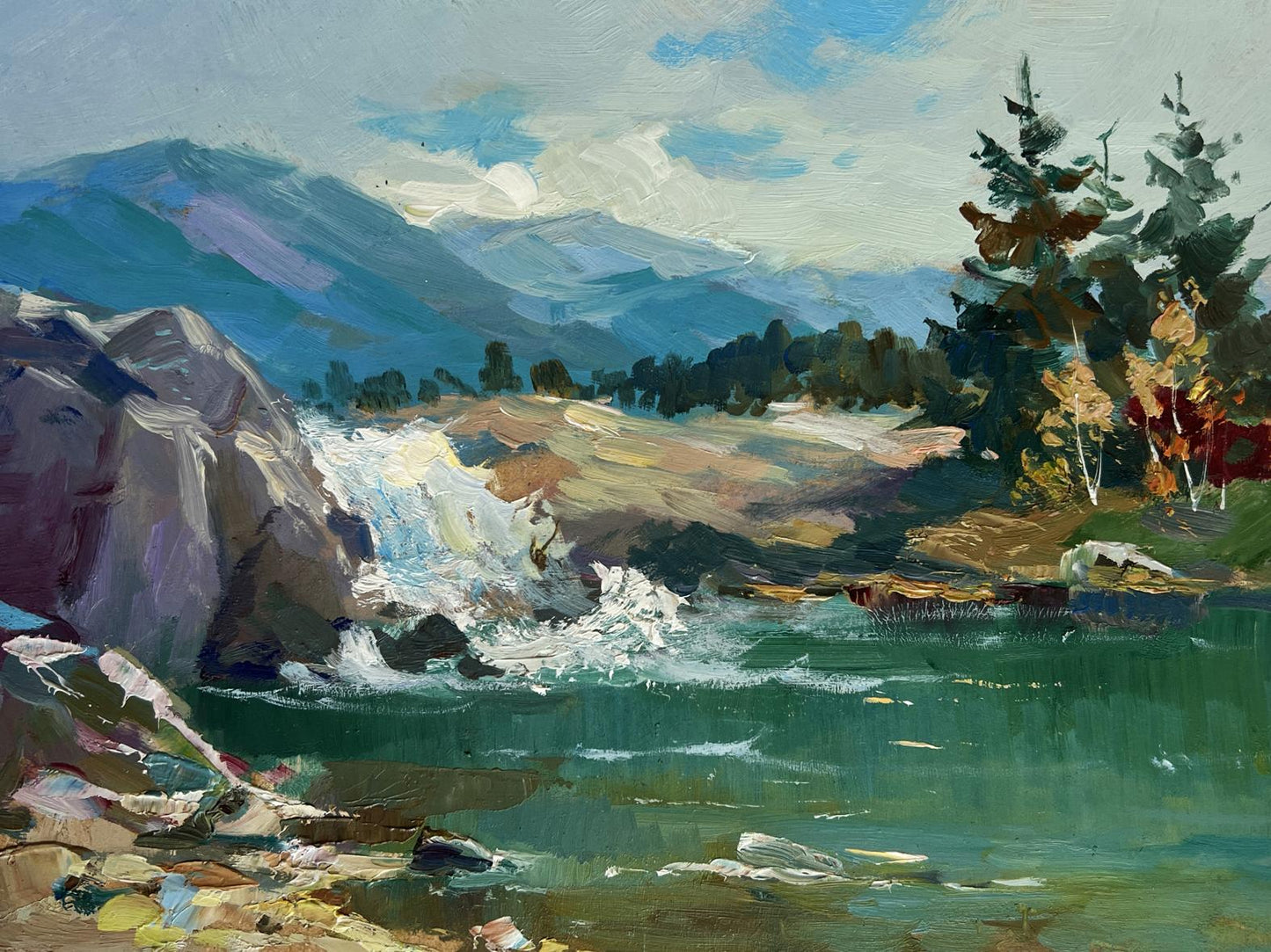 Vibrant oil painting of mountain waterfall by Yuriy Suprunchuk