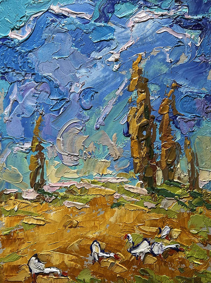 Oil painting Geese in autumn steppes by Oleksiy Ivanyuk with textured trees
