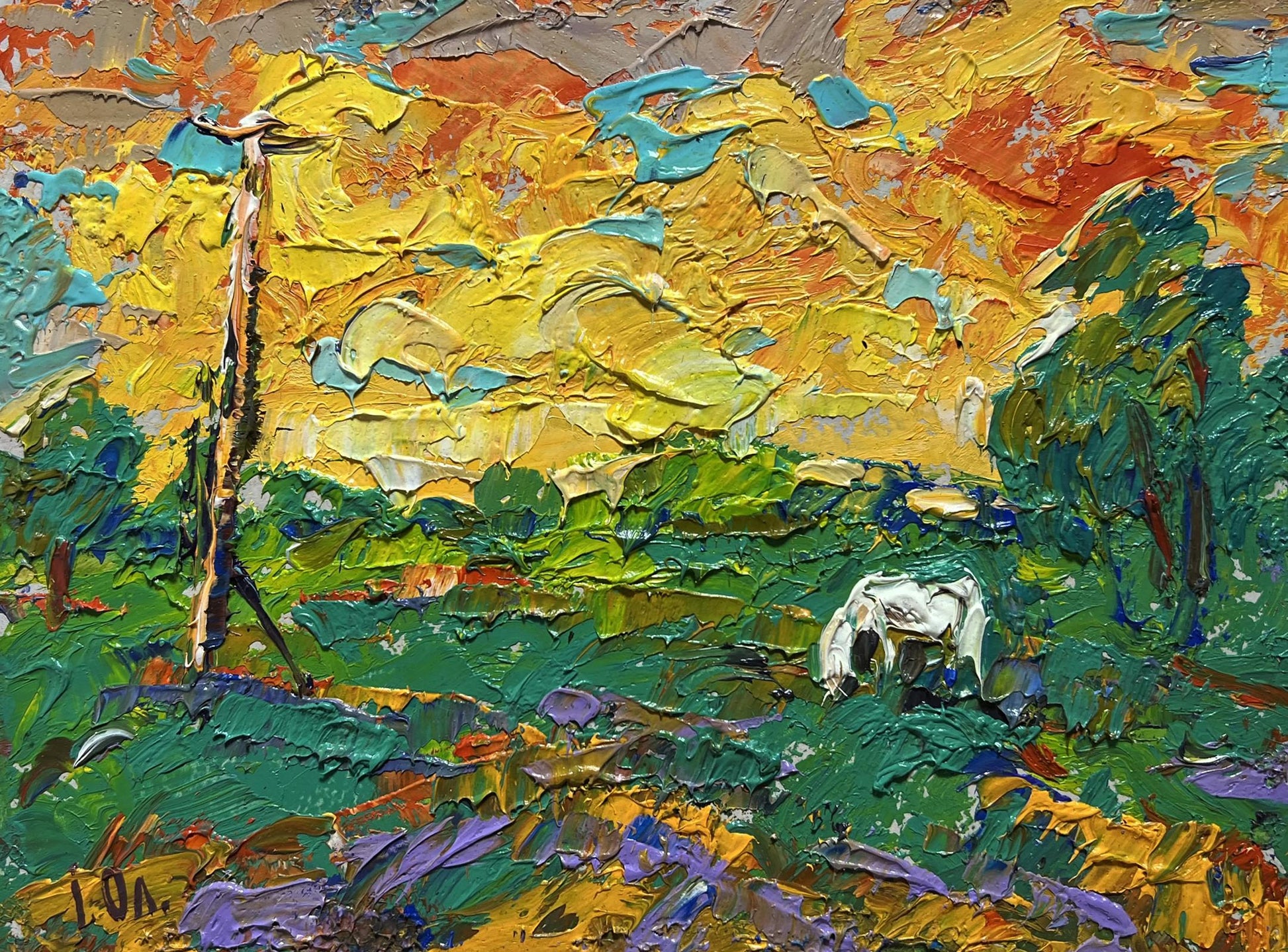 Vibrant impressionist oil painting by Oleksiy Ivanyuk of white cow grazing at sunset