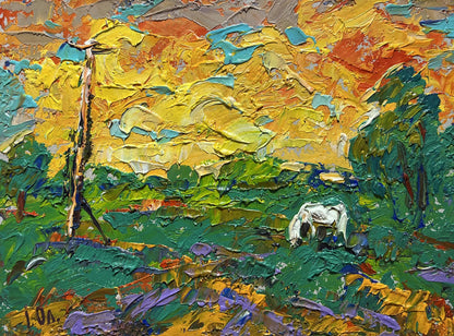 Vibrant impressionist oil painting by Oleksiy Ivanyuk of white cow grazing at sunset