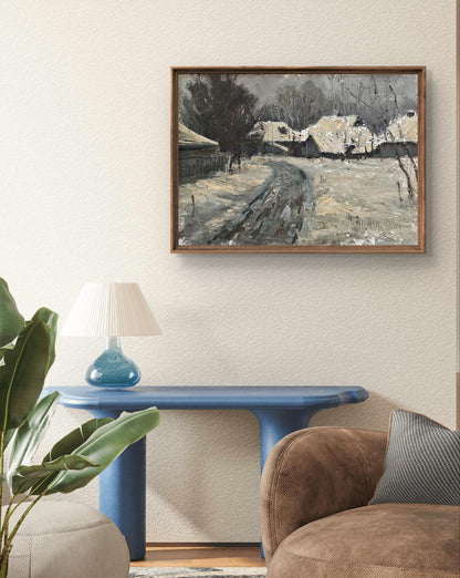 Oil painting Winter in the village by Volodymyr Pashchenko in wooden frame