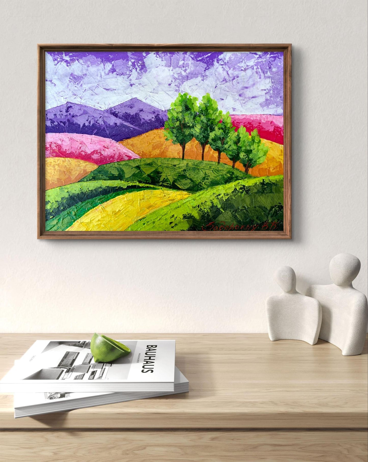 Oil painting Walking through the mountain fields by V. Zadorozhnya in wooden frame