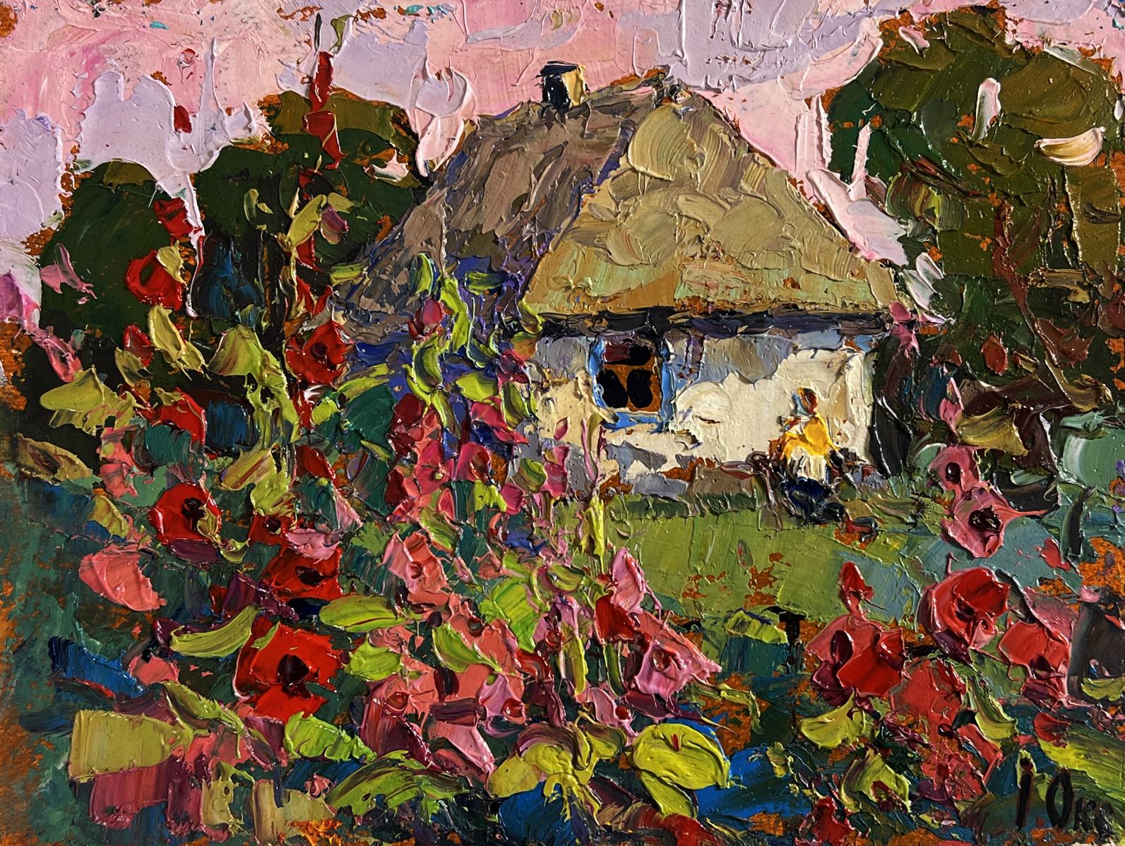 Impressionistic oil painting by Oksana Ivanyuk of mallows blooming in garden cottage