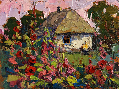 Impressionistic oil painting by Oksana Ivanyuk of mallows blooming in garden cottage