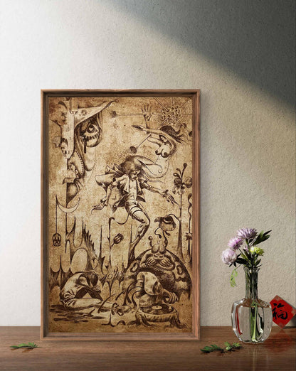 Sepia-toned surreal etching Falling into the sky by Oleksandr Zhmailo in ornate frame