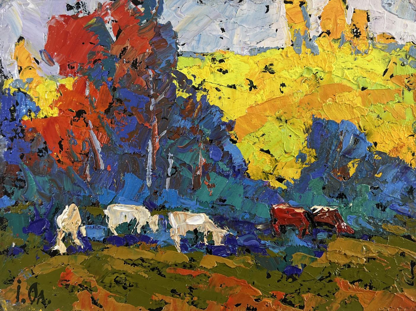 Vibrant impressionist oil painting by Oleksiy Ivanyuk of cows in colorful field