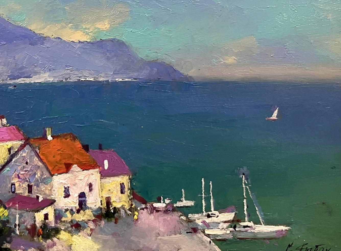 Vibrant oil painting of resort town with sea by Serhiy Rybak