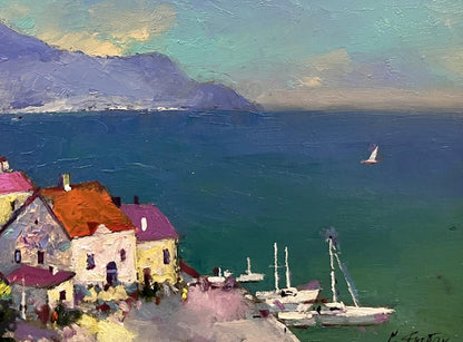 Vibrant oil painting of resort town with sea by Serhiy Rybak